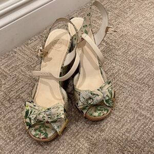 Tory Burch Cream Floral Bow Cork Wedge Sandals